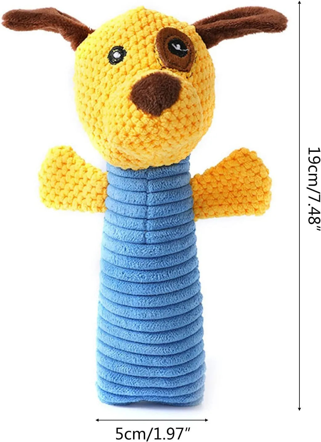 Dog squeaky chew toy shaped like a stuffed animal, 19cm long, for teeth cleaning and play.
