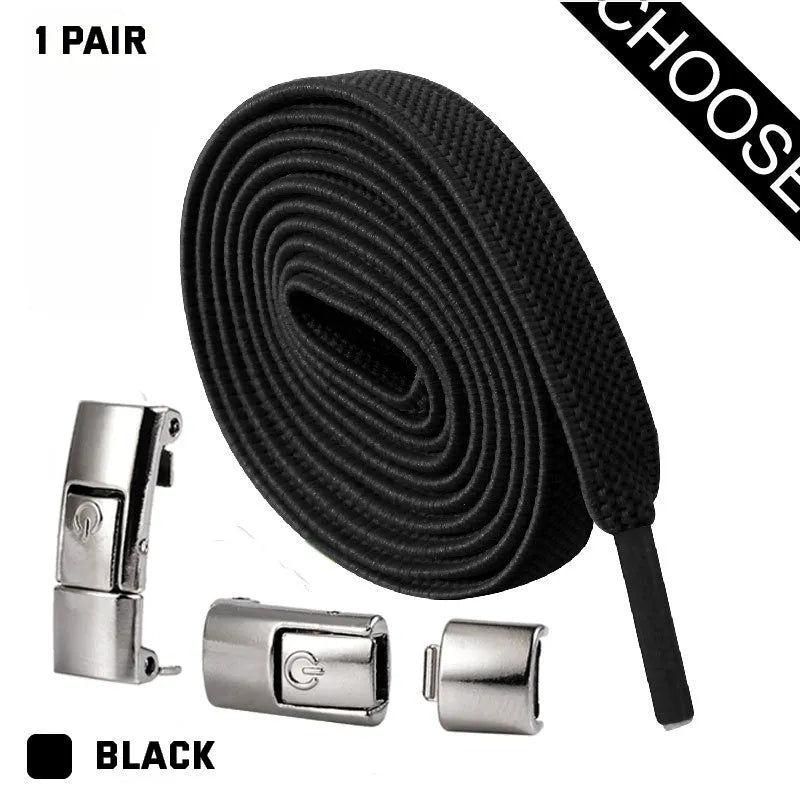 8mm widened flat elastic shoelaces with press lock mechanism in black and white for sneakers