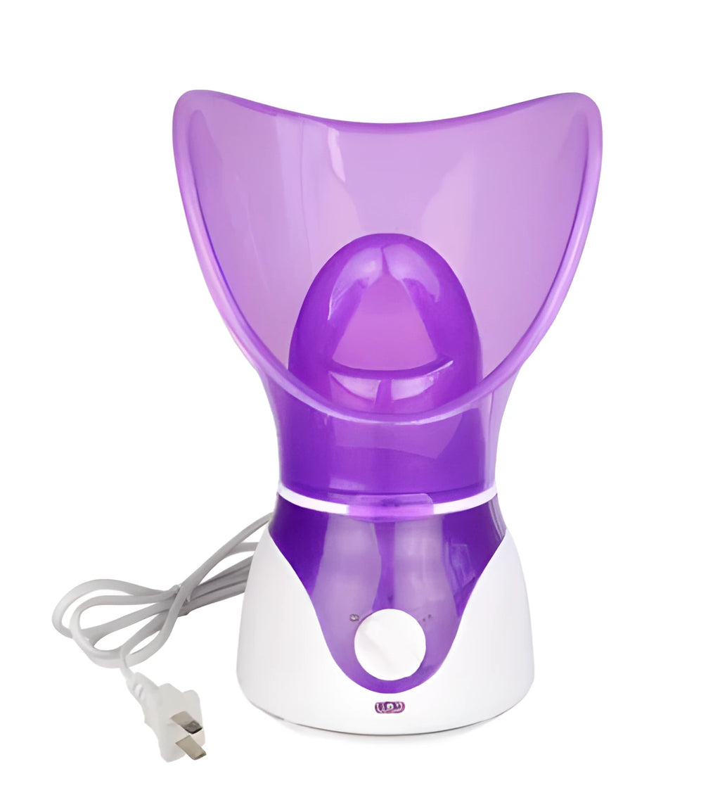AIDU ion hot spray facial steamer with purple decorative ring and face mask