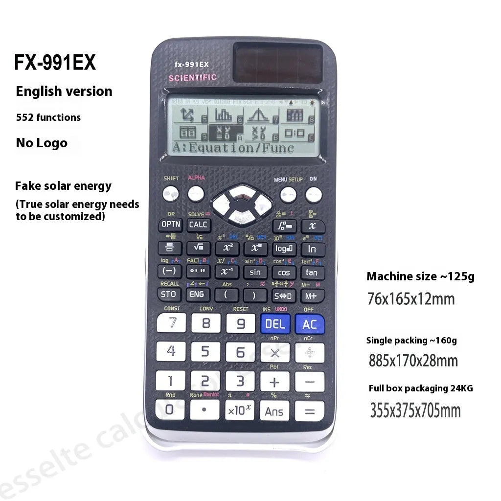CASIO FX-991EX scientific calculator in black, blue, or pink with solar panel and display.