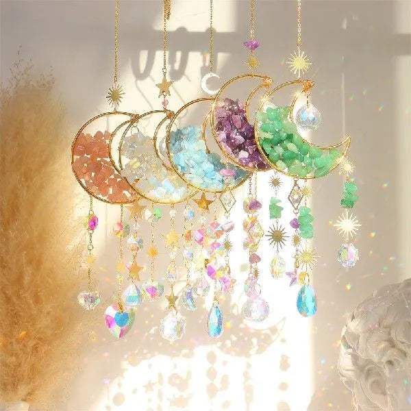 Moon-shaped K9 crystal car pendant on a metal chain in a choice of five colours.