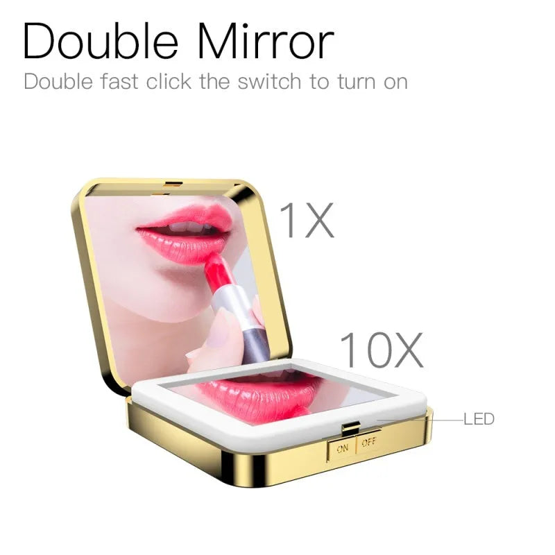 Makeup mirror with adjustable lighting showing black and white colour options with dual magnification surfaces