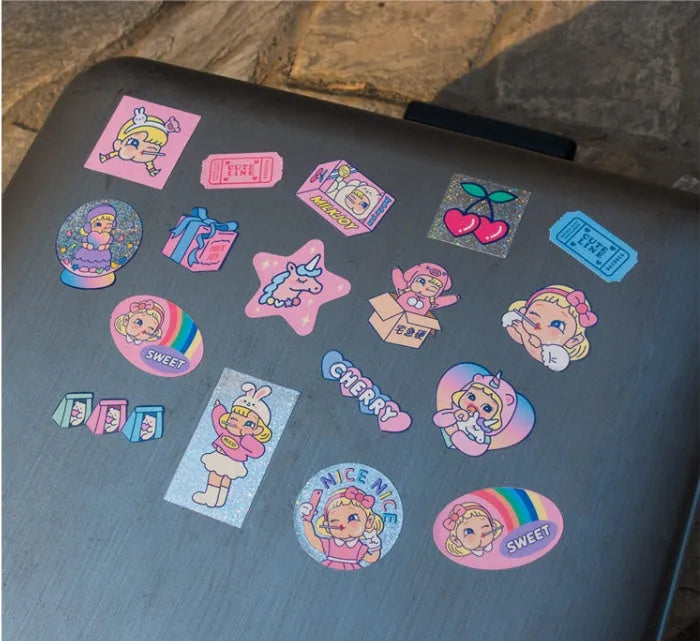 Cute cartoon girl sticker set with 16 square PVC stickers and a storage box, Korean ins style for DIY decoration