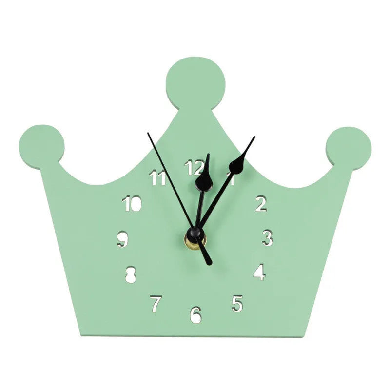 Cartoon wooden wall clock with alien and animal designs in multiple colours