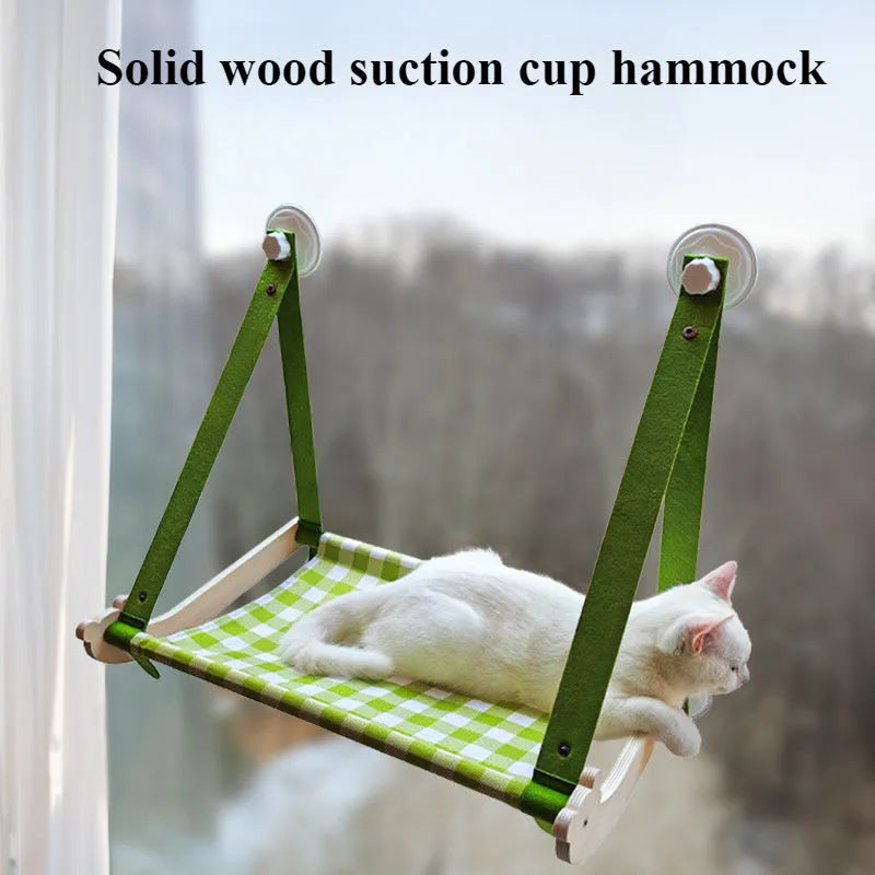 Wooden cat window hammock with linen fabric mounted by suction cups