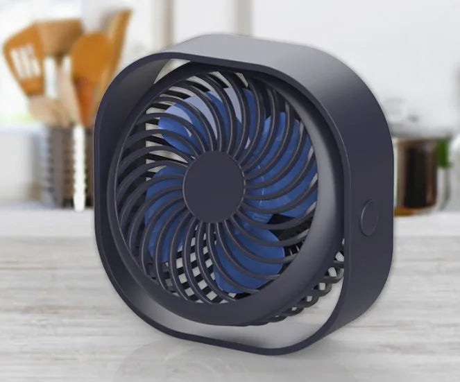 USB desk fan with rotating head in modern alarm clock design, showing colour options