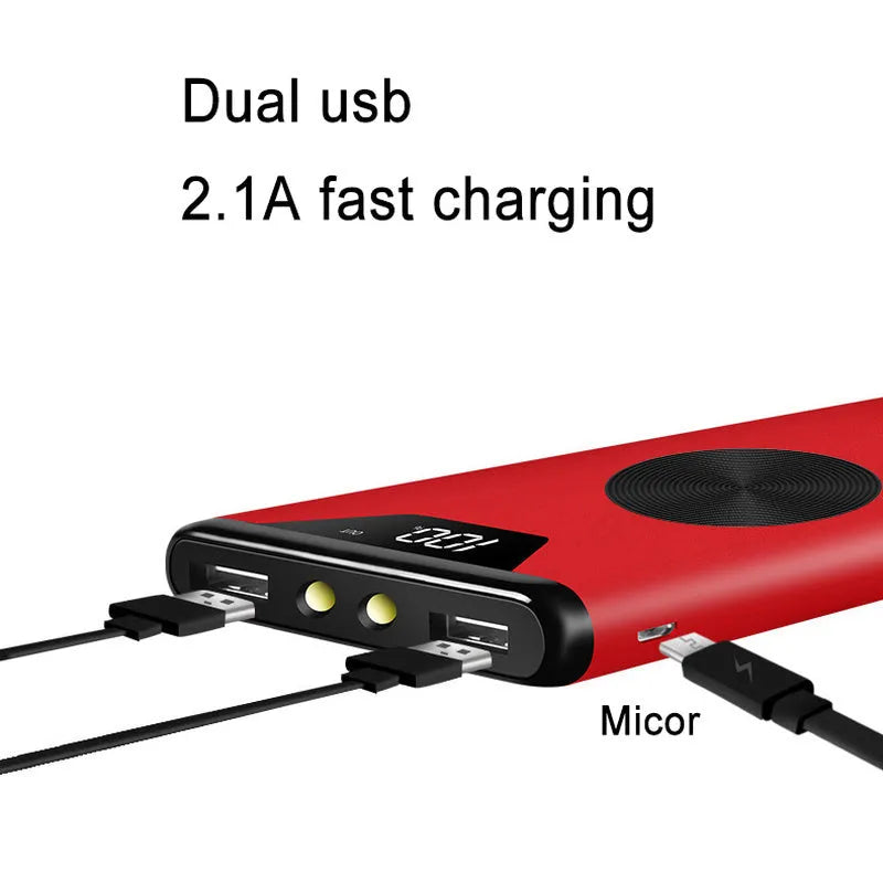 20000mAh wireless power bank in metal housing, 155x74x15mm, shown in Black, Gold, Red, and Rose Gold.