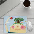 Custom cartoon design mouse pad with non-slip rubber base, showing sample patterns including strawberry and cartoon cat.