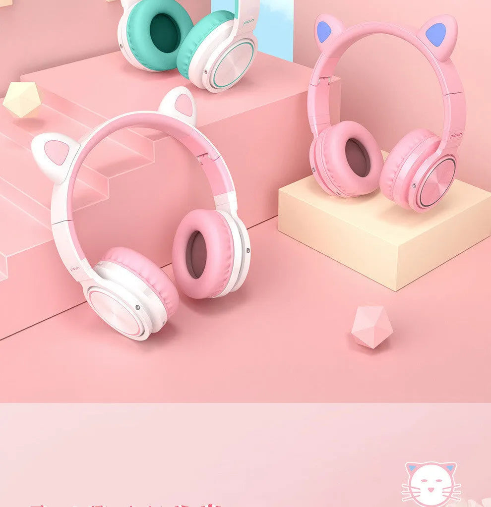 Pink and white luminous Bluetooth headset with LED lighting and over-ear design