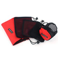 Set of five red outdoor travel storage bags with mesh panels and zipper closures