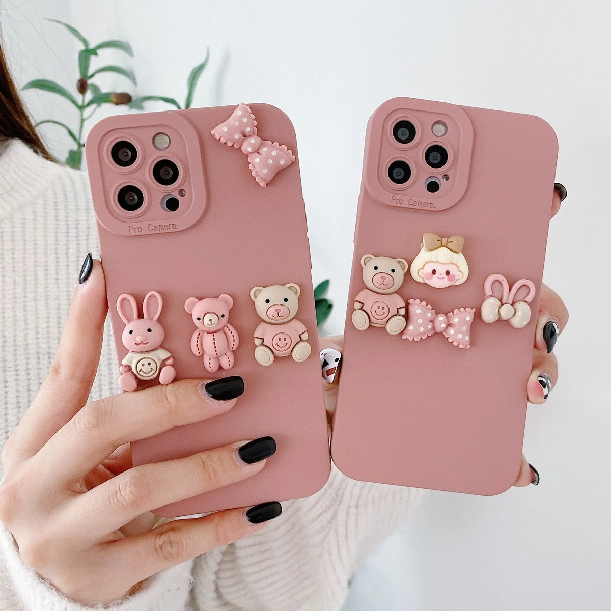Women's decorative iPhone case with a raised 3D doll bear design in TPU material, shown in Butterfly Bear and Girl Bow colours.