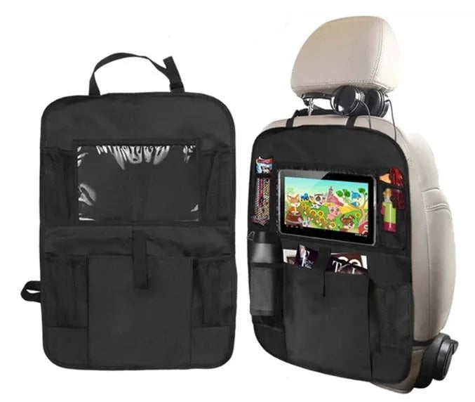 Car seat back storage bag with iPad pocket, 600D Oxford cloth, mesh and PVC film, 61x41cm