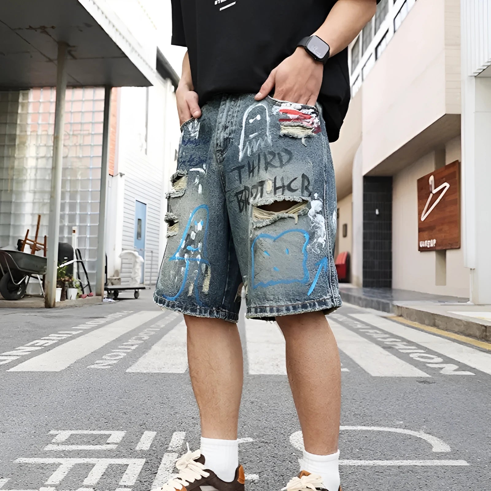 Men's blue denim jeans shorts with straight-leg cut and zipper fly closure
