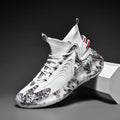 High-top men's basketball shoes with fly weave vamp, TPU outsole, sizes 39-46, black gold grey white colours.