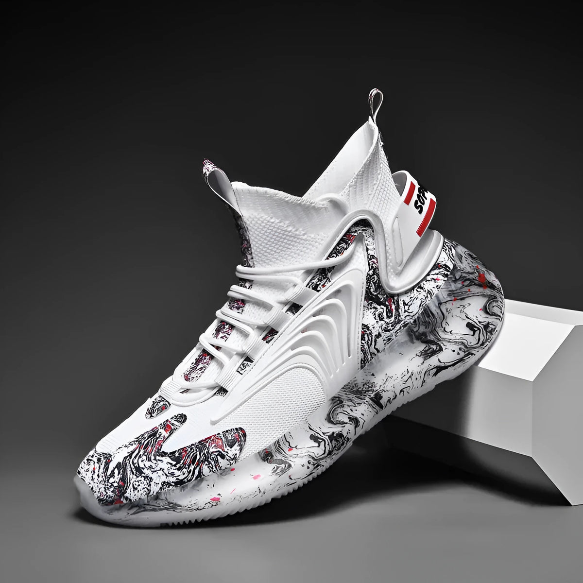 High-top men's basketball shoes with fly weave vamp, TPU outsole, sizes 39-46, black gold grey white colours.