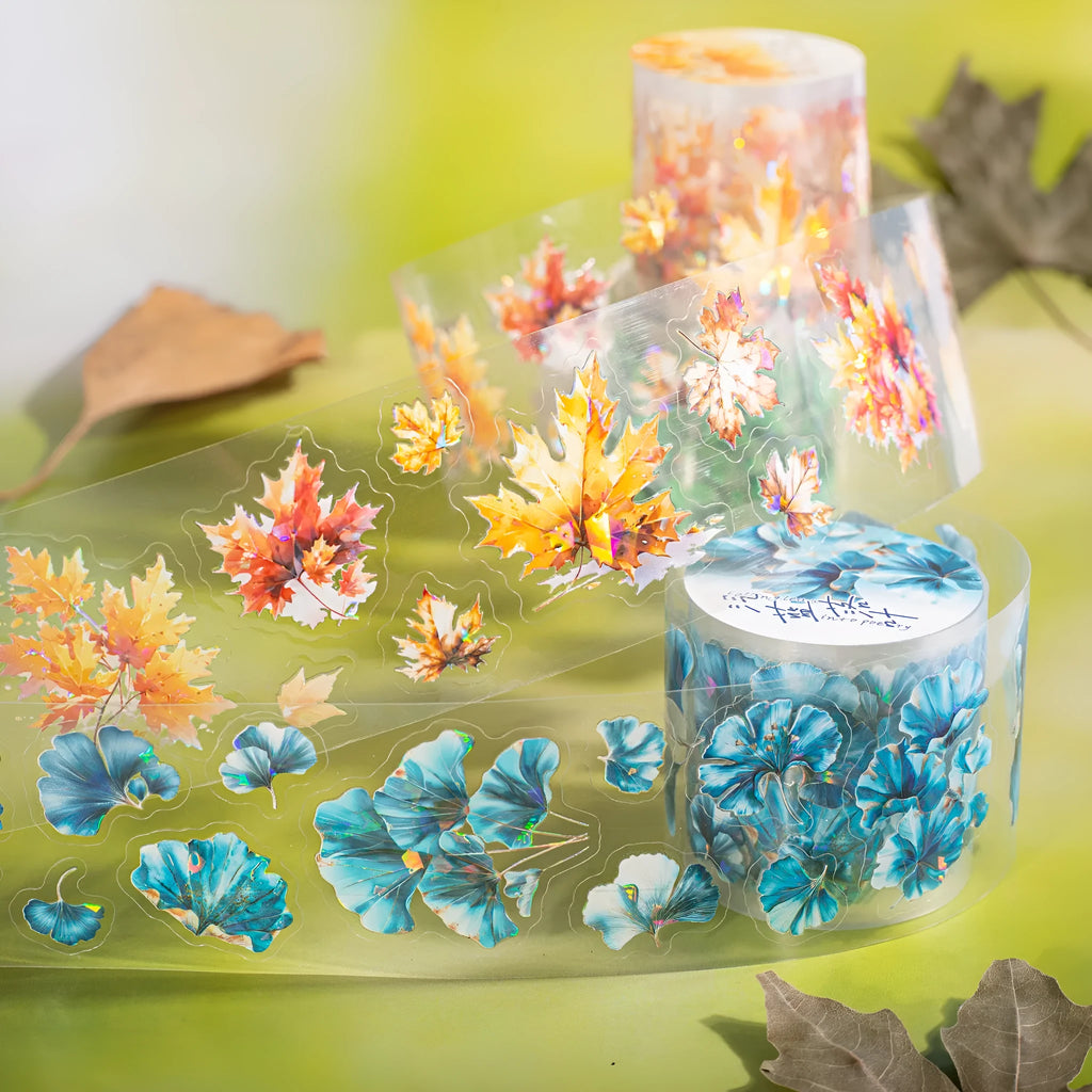 Deciduous Poetry series decorative sticker roll with six leaf patterns including ginkgo and maple designs