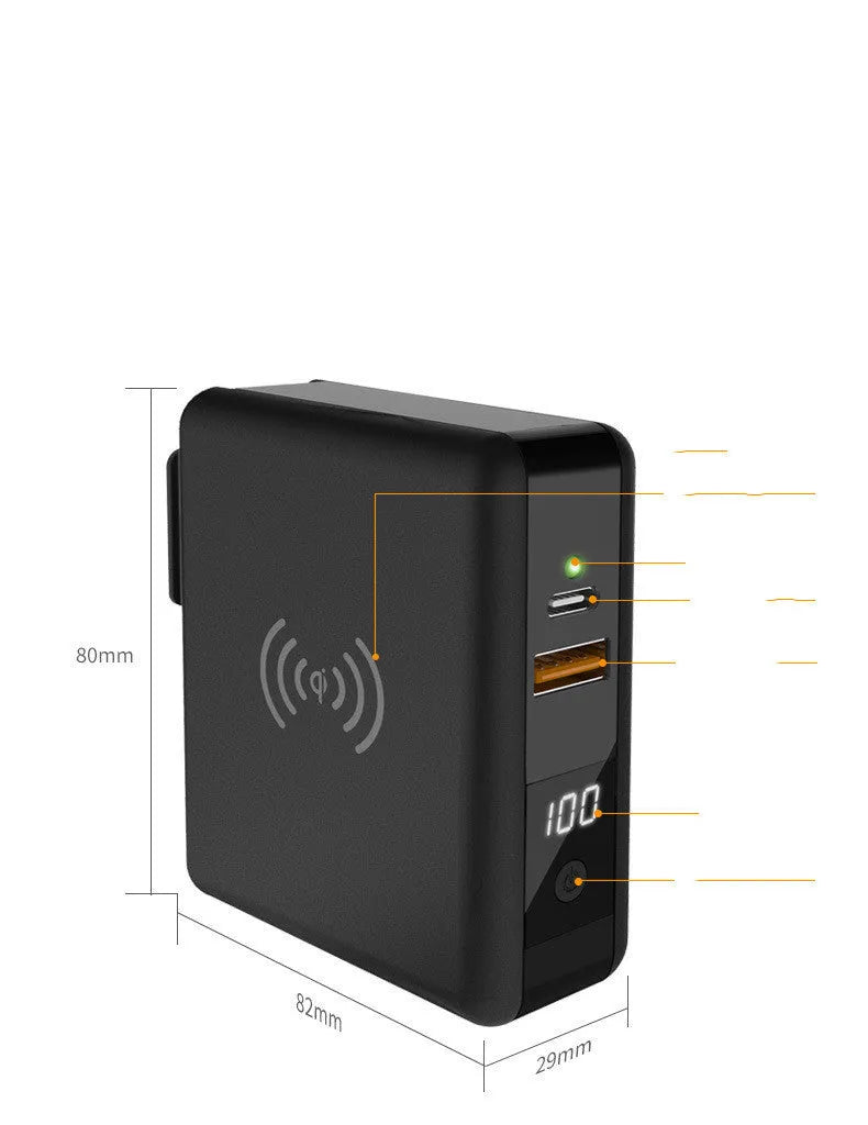 PD20W power bank with integrated plug showing black and white colour options with international adaptors