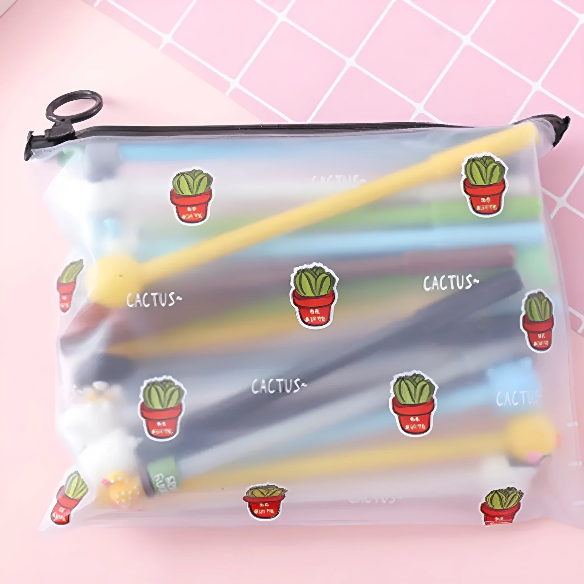 20 black cartoon cactus design pens with 0.5mm tips and a matching plastic pen case.