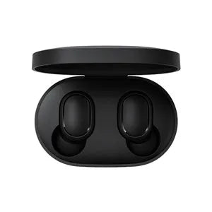 Redmi AirDots 2 Black true wireless Bluetooth earbuds and charging case on a white background.