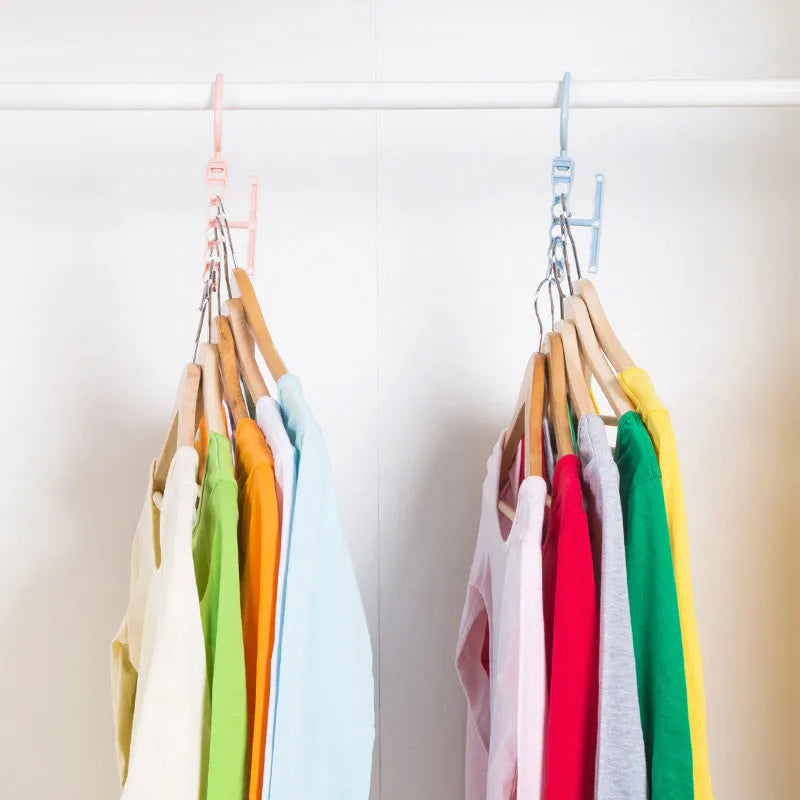 Blue rotating wardrobe hanger with five hooks and handle for clothing organisation