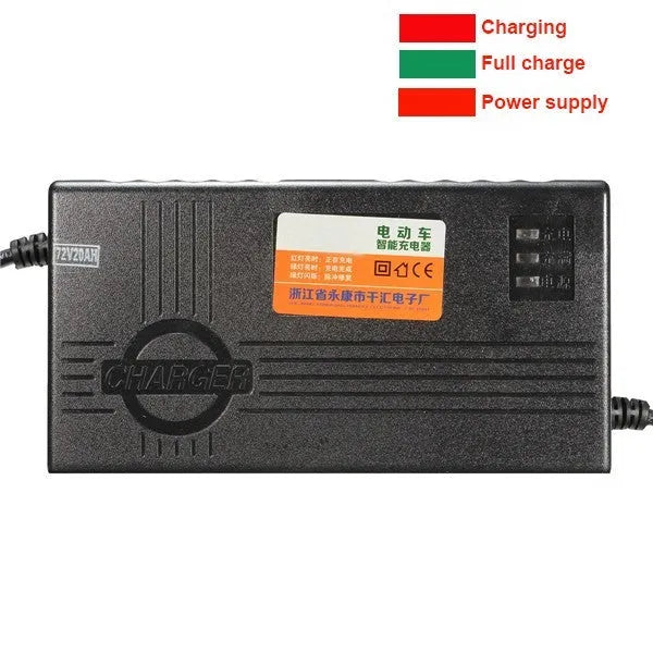 Black 72V 20AH electric car battery charger with compact metal and plastic housing.