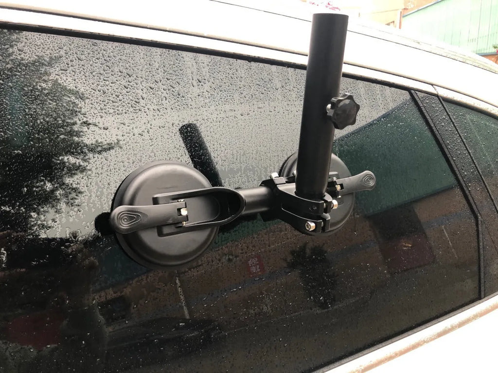 Black car suction cup flagpole base with rubber disc and ABS construction for vehicle window mounting