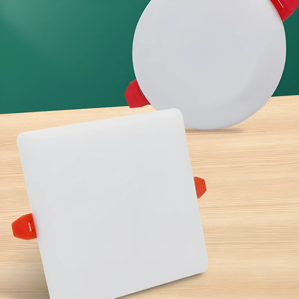 Ultra-thin circular and square LED panel lights with an adjustable mounting bracket.