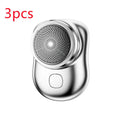 Mini portable USB electric shaver in silver with rotary head, aluminium body, and IPX7 wet and dry use