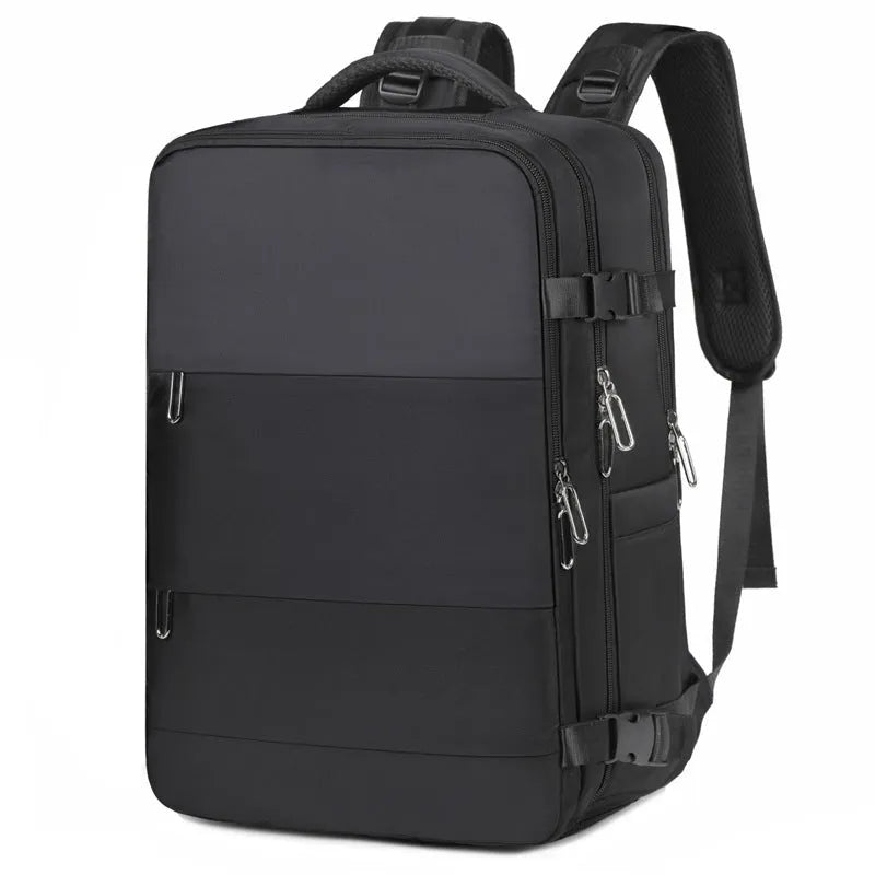 Purple waterproof travel backpack with multiple compartments showing 36-55L capacity