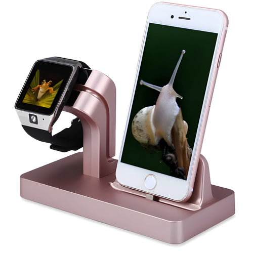 White 2-in-1 desktop charging dock holding an iPhone and an Apple Watch.