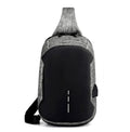 Oxford cloth waterproof chest bag in dark blue colour showing front zipper compartment and adjustable strap