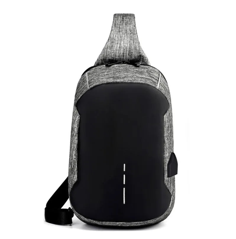 Oxford cloth waterproof chest bag in dark blue colour showing front zipper compartment and adjustable strap