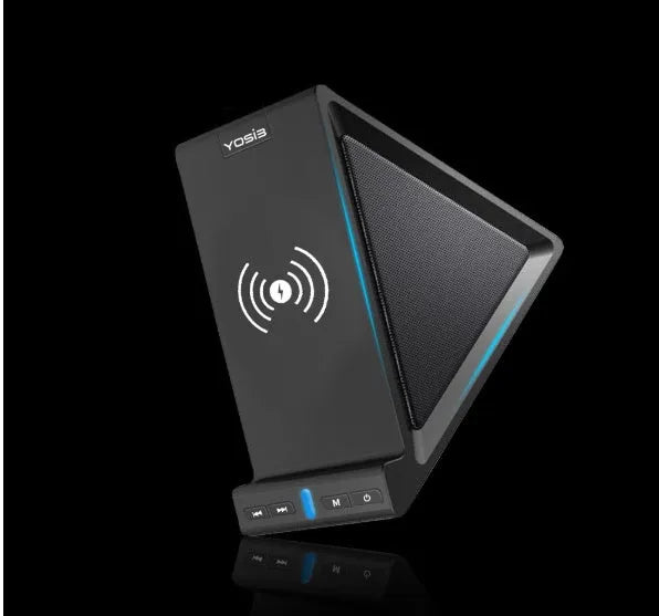 Black Bluetooth speaker with integrated phone stand featuring wireless charging and 2000mAh power bank