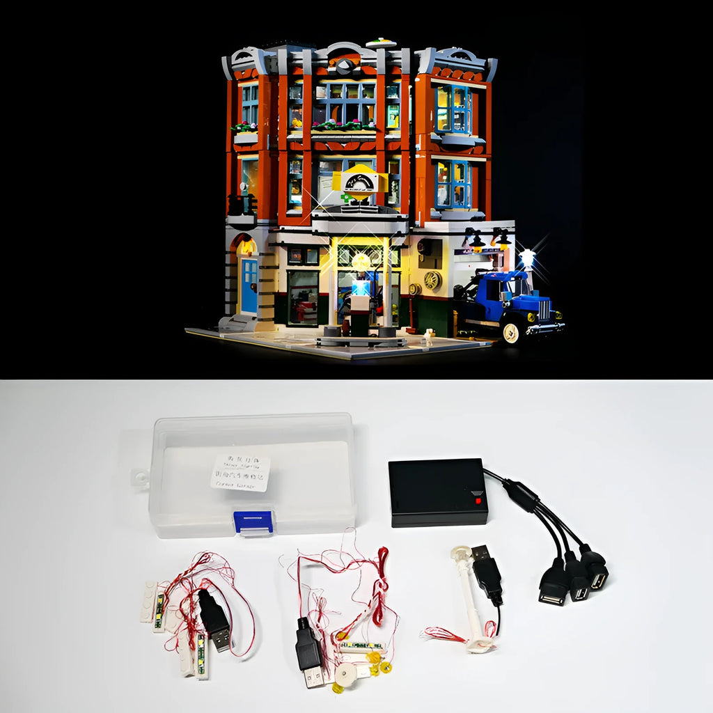 MOC plastic LED lighting accessories kit showing corner repair shop lighting groups for construction toys