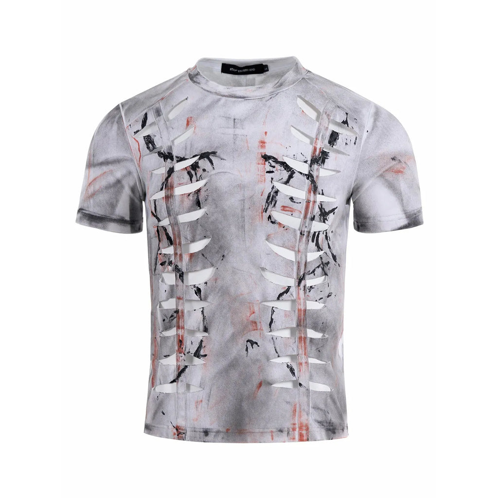 White men's cotton t-shirt with cut-out hollow-out detailing on short sleeves