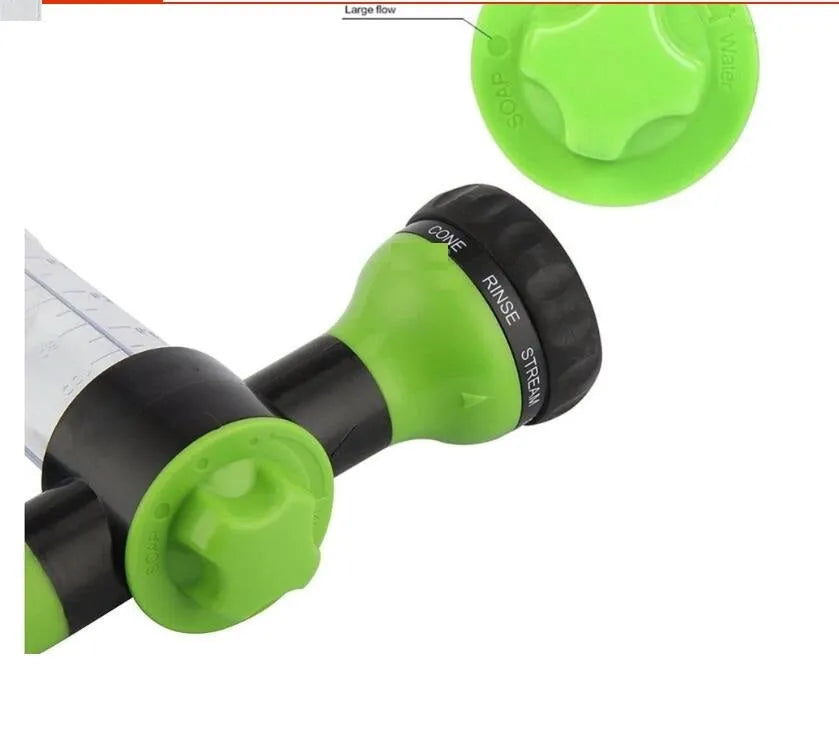 Green high-pressure foam spray gun with adjustable nozzle for car washing and garden cleaning