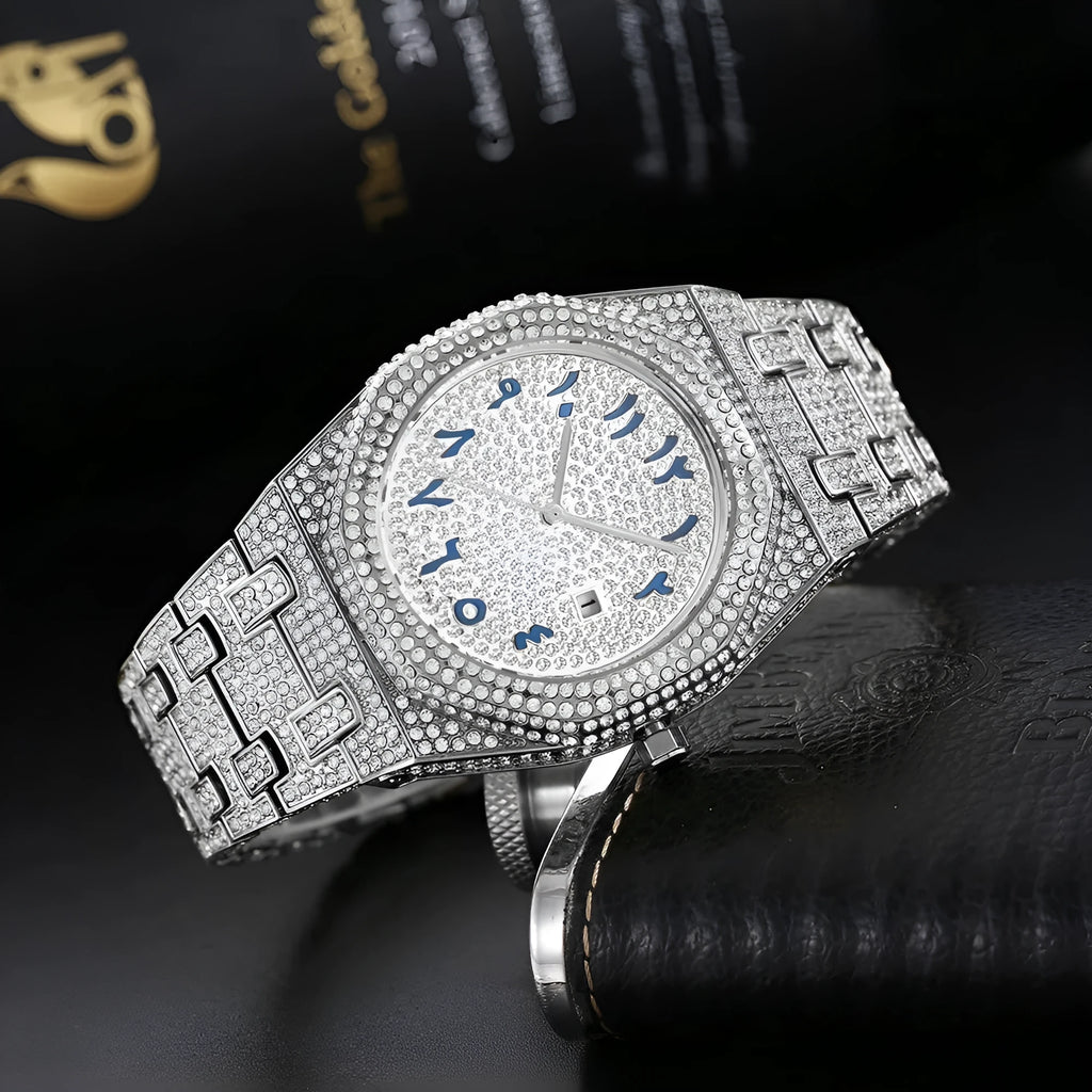 Men's hip hop quartz watch with full diamond Arabic scale, 12mm thick, gold or silver plated strap and stainless steel buckle