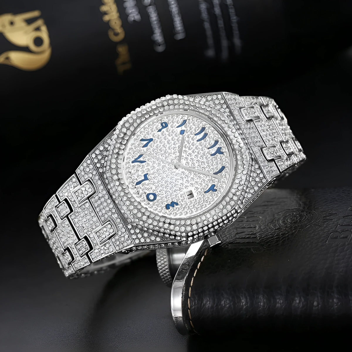 Men's hip hop quartz watch with full diamond Arabic scale, 12mm thick, gold or silver plated strap and stainless steel buckle