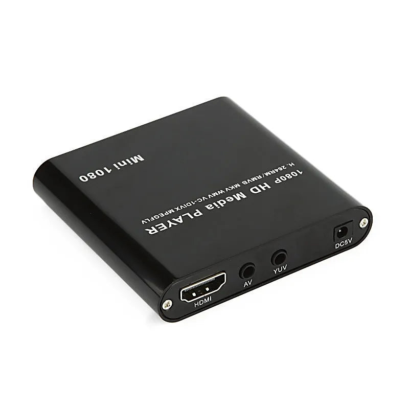 Blue and black 1080p HDMI media player for SD cards, USB drives, and external hard drives