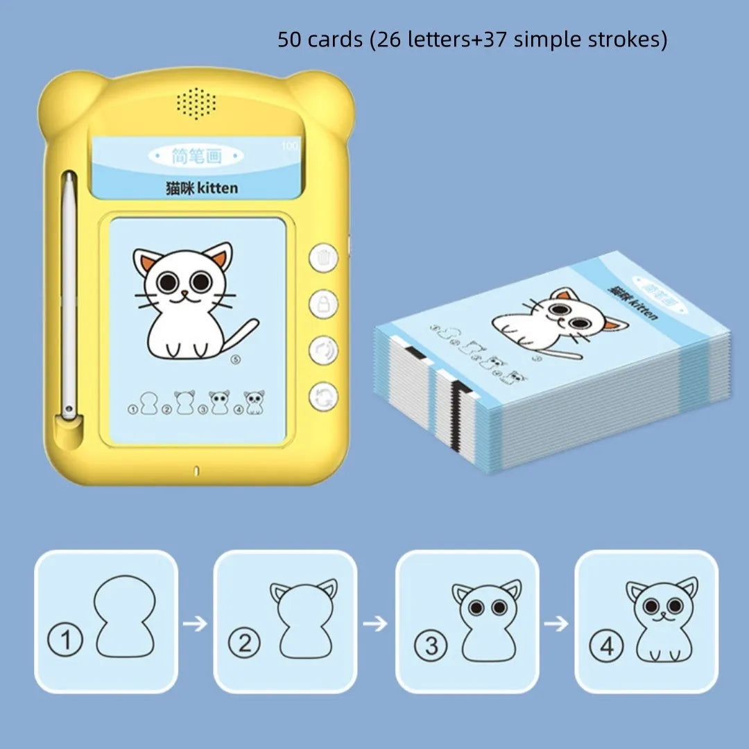 Yellow bilingual early learning machine with educational cards for English and Chinese language instruction