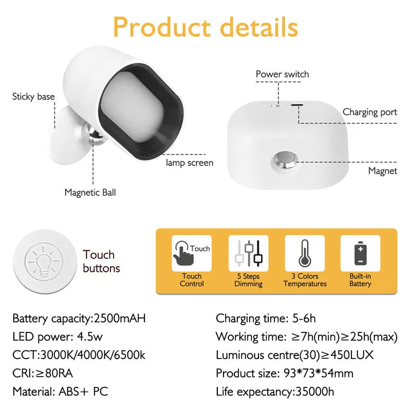 Oval shaped remote control touch wall lamp with adhesive mount and magnetic rotation