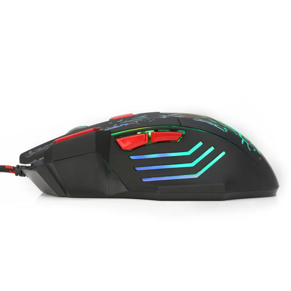 Water Crack colourful luminous gaming mouse with ergonomic design and USB cable on desktop