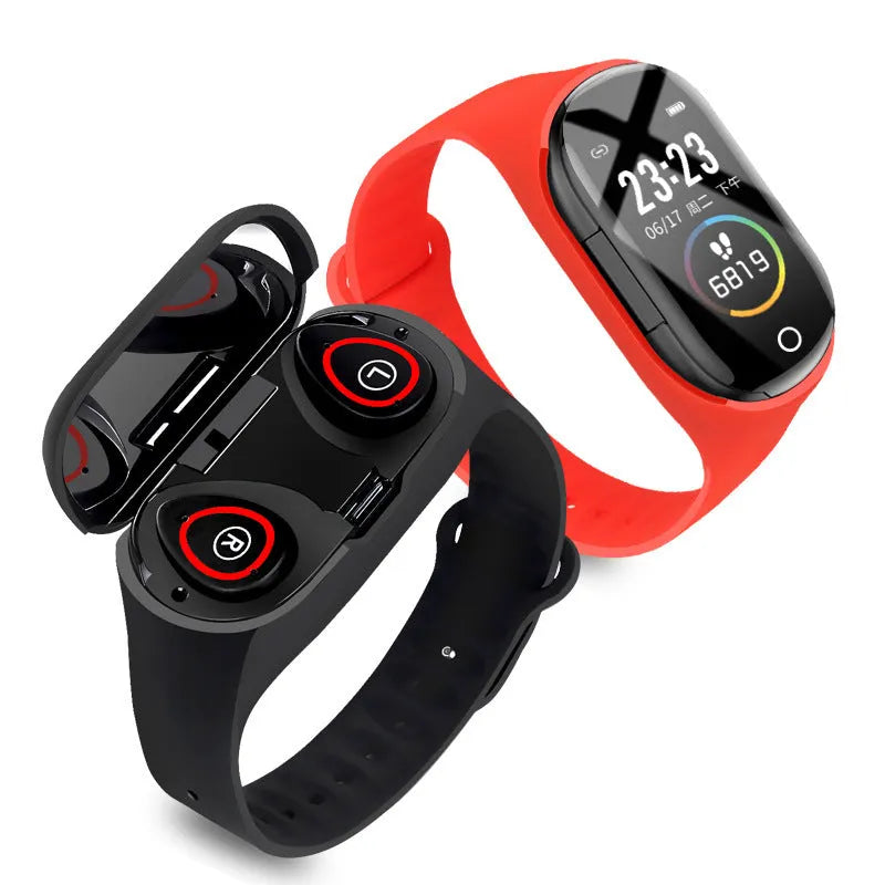 Black smart bracelet earphone combo with 1 inch screen and silicone wristband on a wrist
