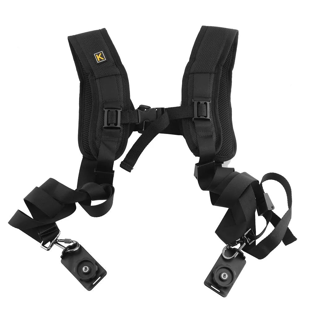Black professional dual SLR camera strap made of diving fabric nylon with ergonomic shoulder pads for two cameras