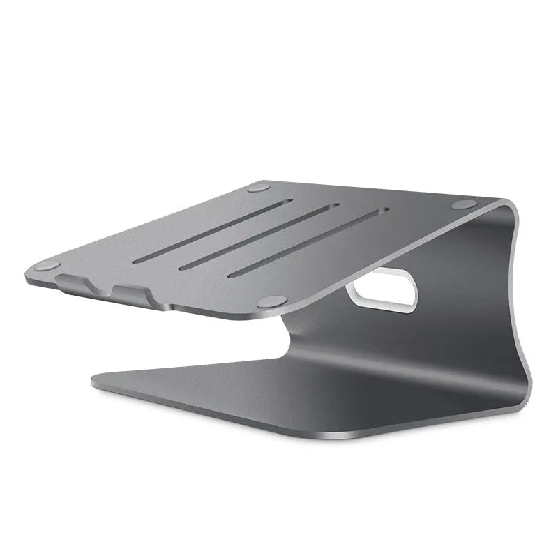 Aluminium laptop cooling bracket in grey or silver with rotary adjustability for mounting fans.