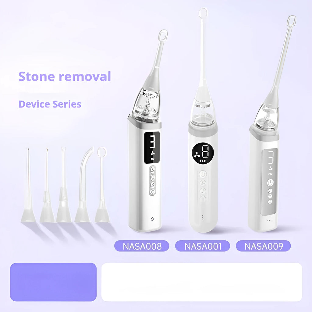 Milky white plastic tonsil stone extractor oral cleaning tool on a white background.