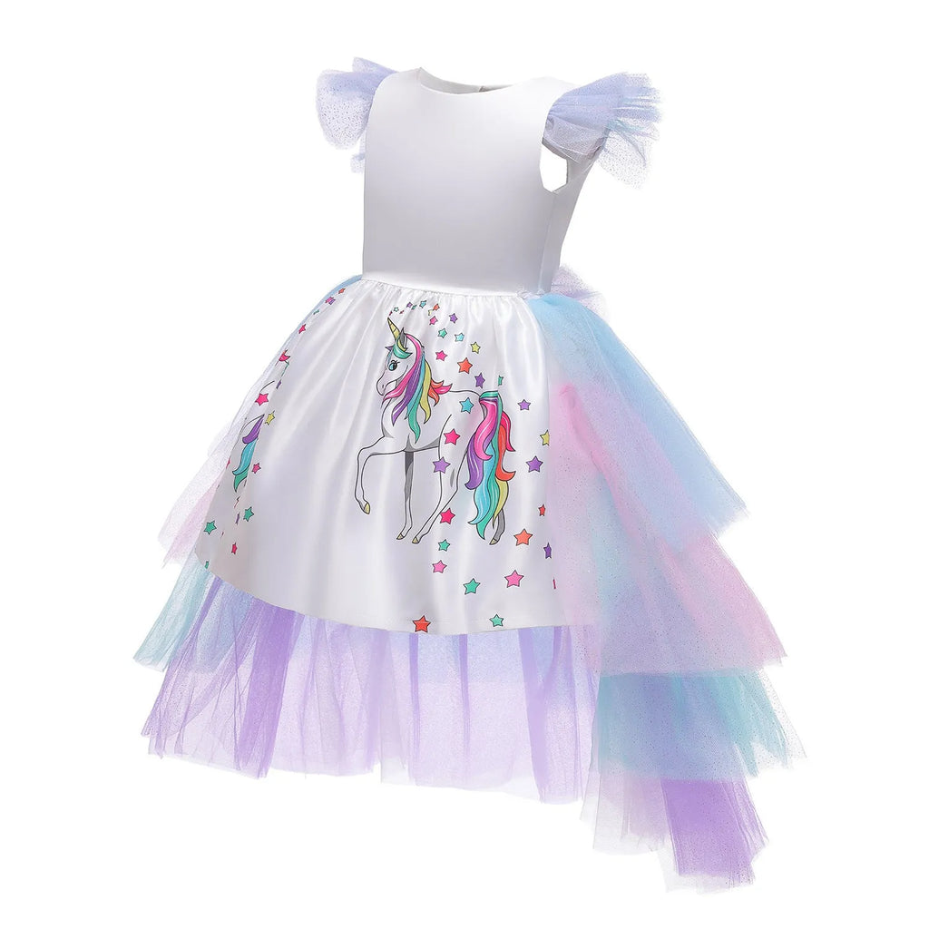 Girls princess dress short sleeve cake skirt white 100-150cm for 3-8 years