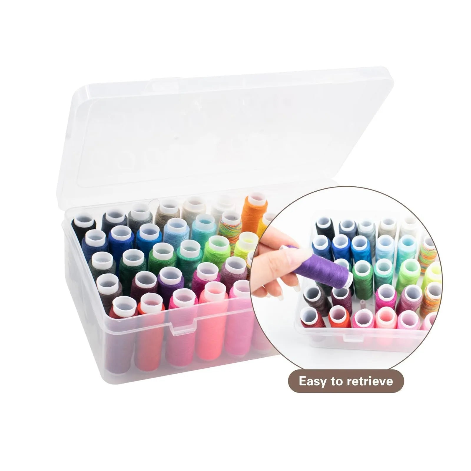 42 compartment transparent plastic storage box for embroidery threads and sewing kit organisation.