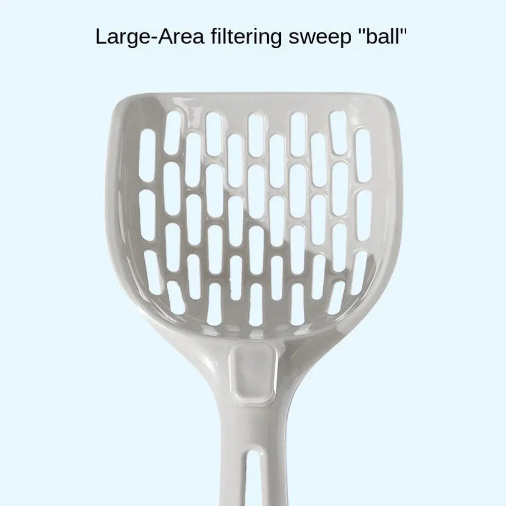 Grey plastic cat litter scoop with attached base for cleaner waste removal
