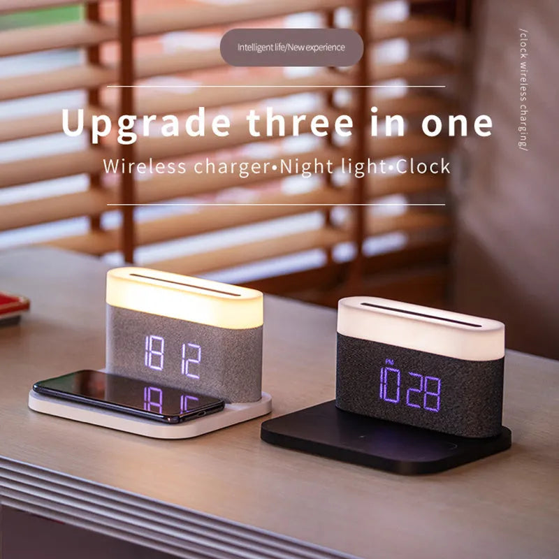 Mini wireless charger desktop clock with night light function in black or white modern design